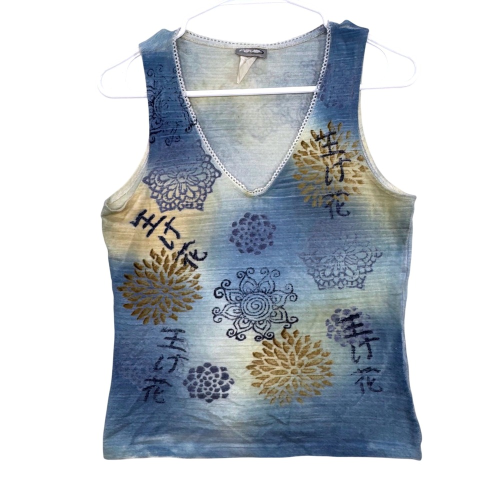 Rave Tank‎ Top Womens Medium Blue Asian Script Lace Trim Y2K Boho Surf Grundge